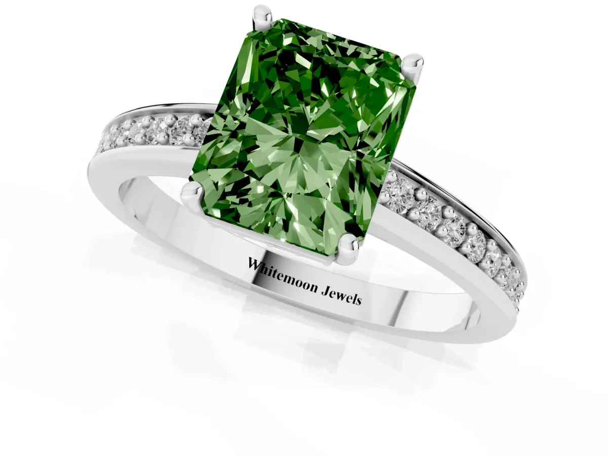 Fancy Green Radiant Cut Solitaire Pavé Band Prong Setting Ring Platinum