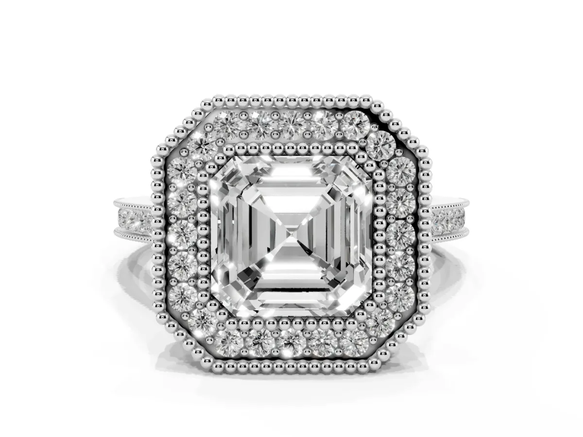 Asscher Cut Diamond Halo Ring with Milgrain Frame and Pavé Band Silver