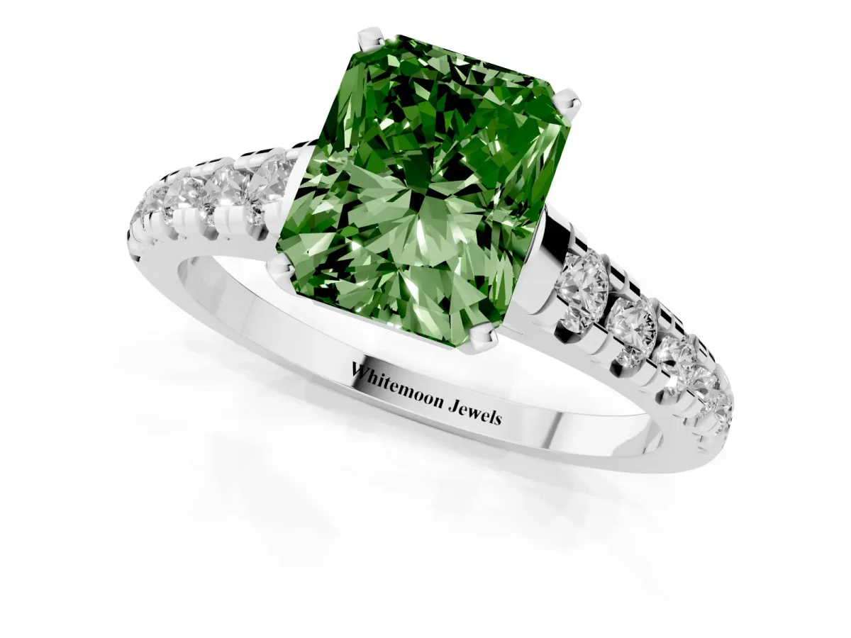 Fancy Green Radiant Cut Diamond Cathedral Solitaire Ring with Round Pavé Band Silver