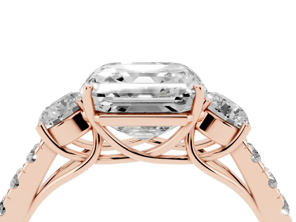 Asscher Cut Cut Diamond Three-Stone Ring with Round Side Stones and Pavé Band Rose gold