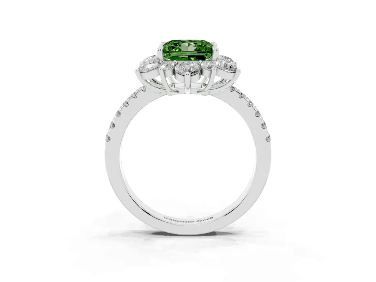 Fancy Green Princess Cut Diamond Floral Halo Ring with Round Pavé Band and Prong Setting Silver