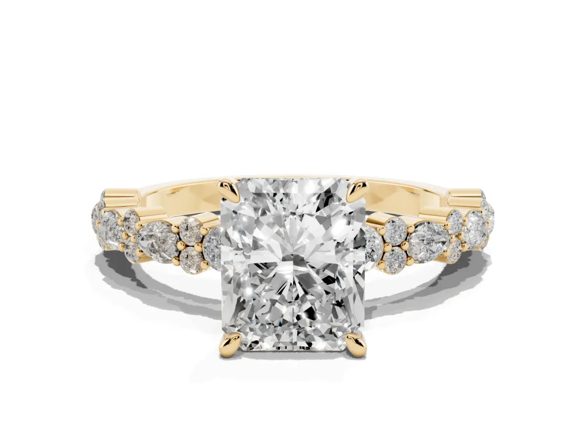 Radiant Cut Diamond Side Stone Solitaire Ring with Round and Four-Prong Setting Yellow gold