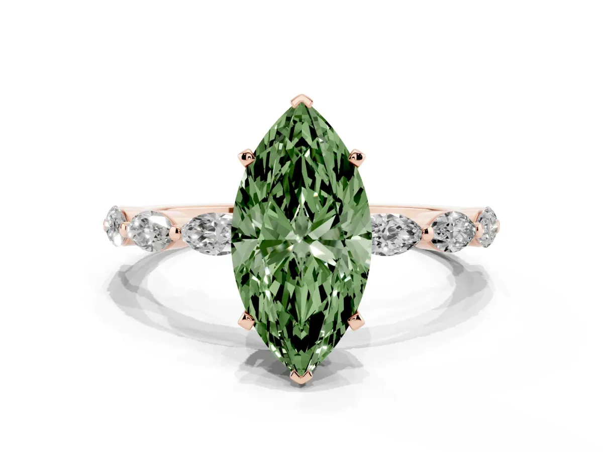 Fancy Green Marquise Cut Diamond Ring with Marquise Side Stones and Prong Setting Rose gold
