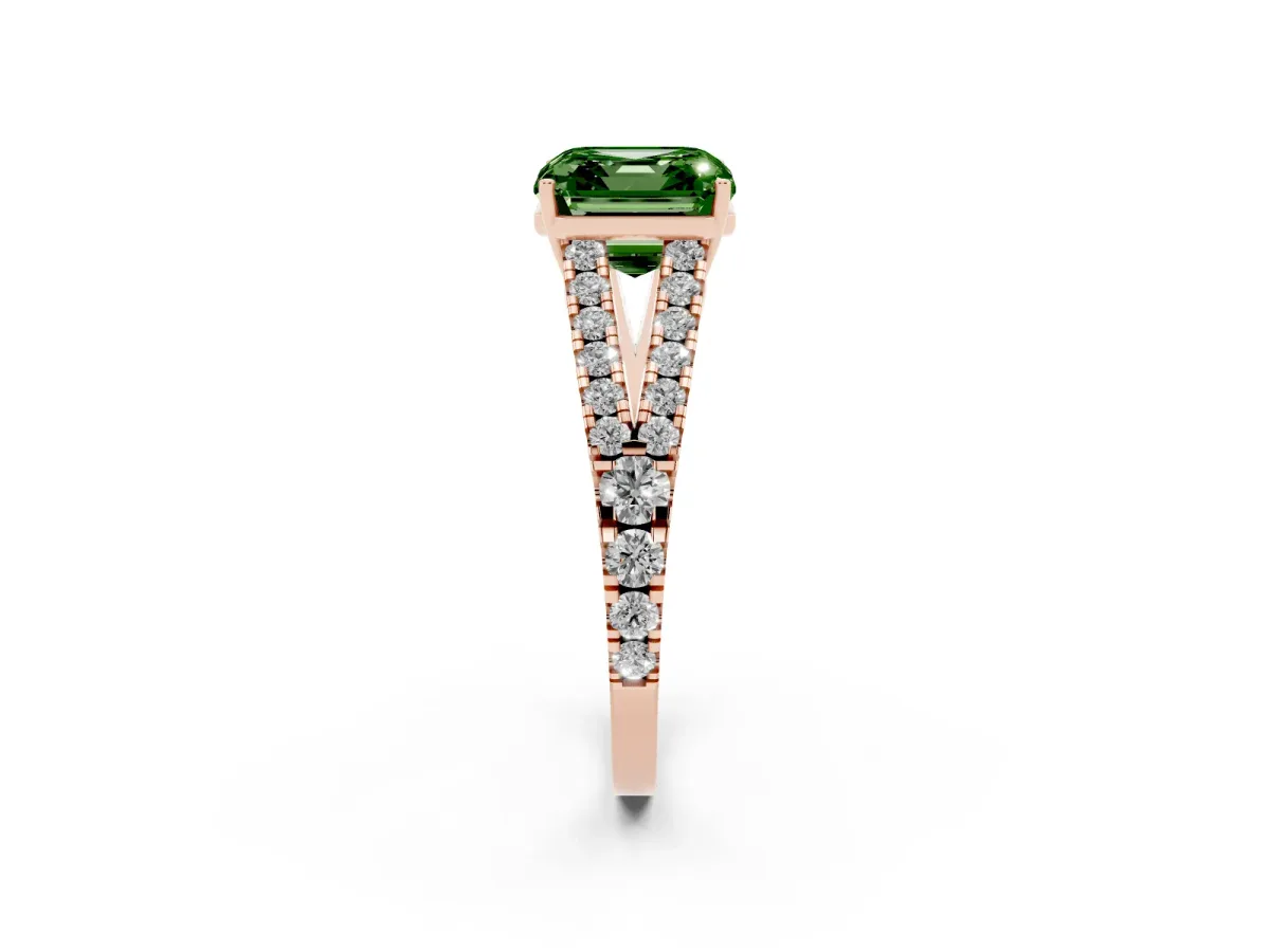 Fancy Green Asscher Cut Diamond Split Shank Pavé Engagement Ring with Four-Prong Setting Rose gold