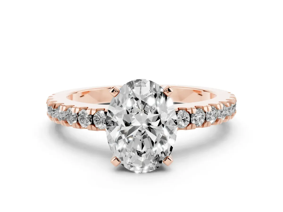 Oval Cut Solitaire Diamond with Pavé Band and Four-Prong Setting Rose gold