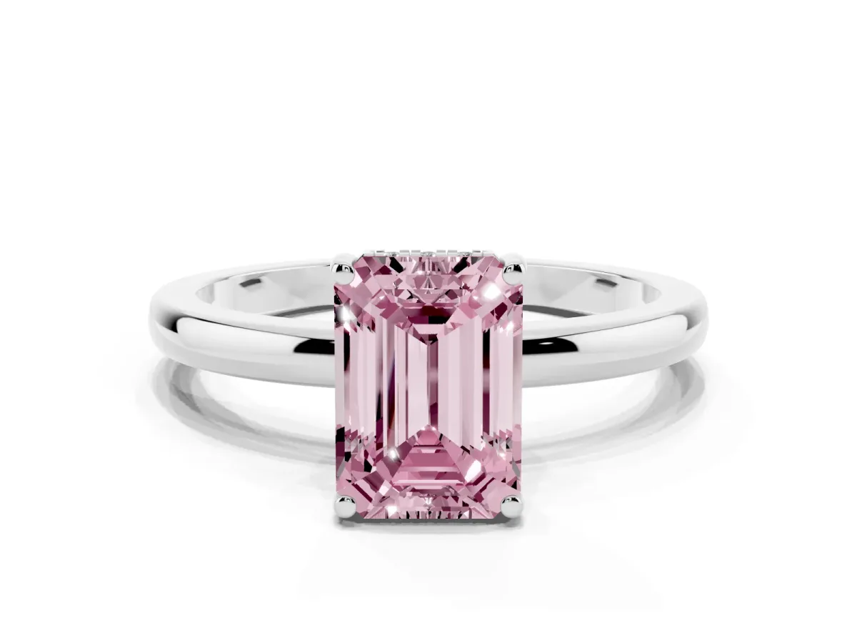 Fancy Pink Emerald Cut Solitaire Diamond Ring with Prong Setting and Plain Band Silver
