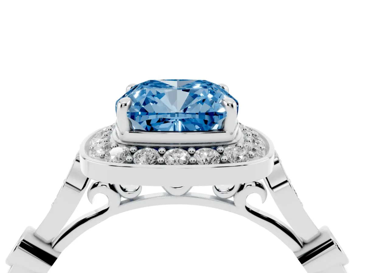 Fancy Blue Cushion Cut Halo Diamond Engagement Ring with Twisted Band and Four-Prong Setting Silver