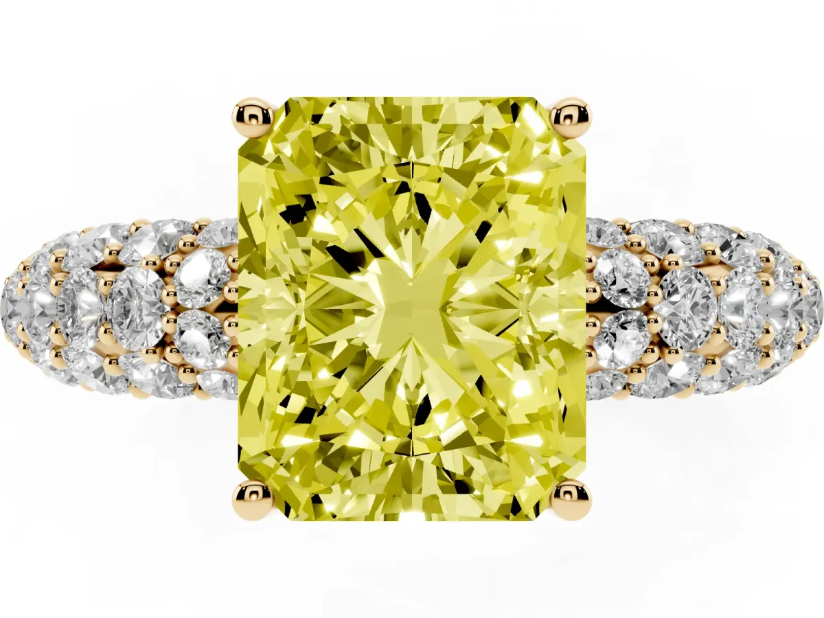 Fancy Yellow Radiant Cut Diamond Pavé Band Solitaire Ring with Four-Prong Setting Yellow gold
