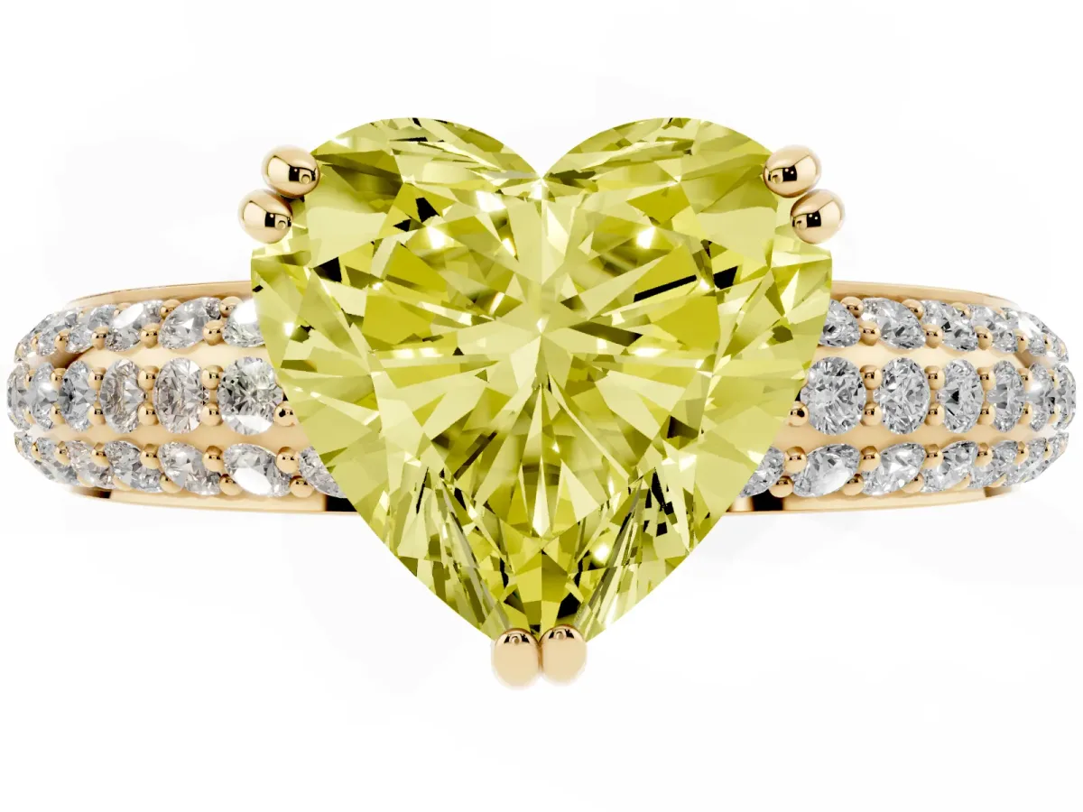 Fancy Yellow Heart Cut Diamond Solitaire Ring with Multi-Row Round Pavé Band and Prong Setting Yellow gold
