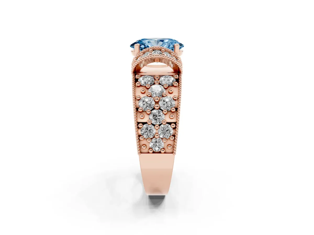 Fancy Blue Oval Cut Halo Pave Diamond Engagement Ring with Milgrain Detailing Rose gold