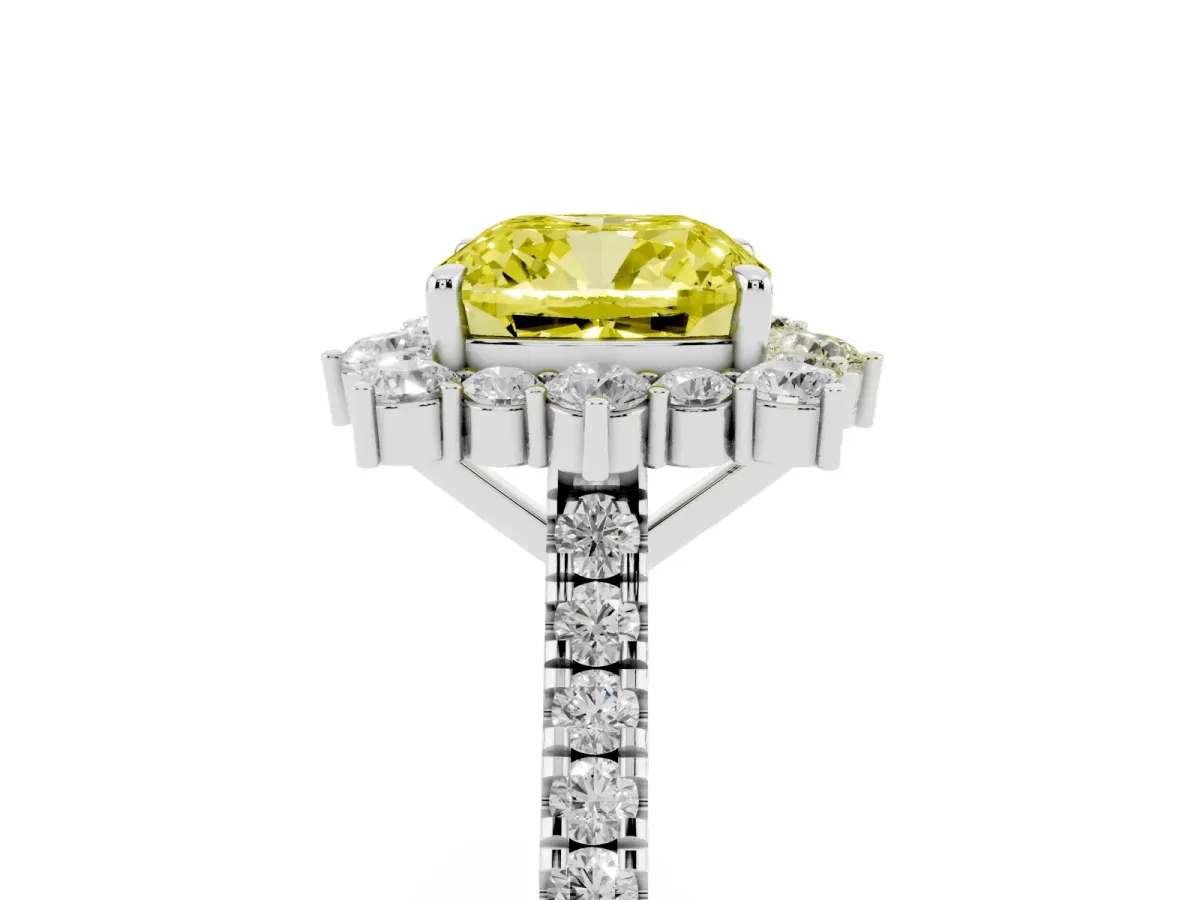 Fancy Yellow Cushion Cut Halo Diamond Ring with Pavé Band and Prong Setting Silver