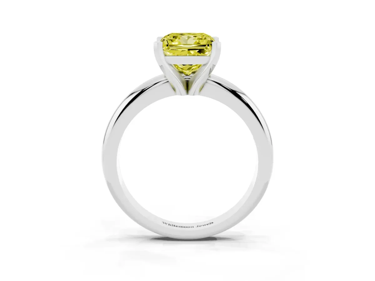 Fancy Yellow Princess Cut Diamond Solitaire Engagement Ring with Round Band and Four-Prong Setting Platinum
