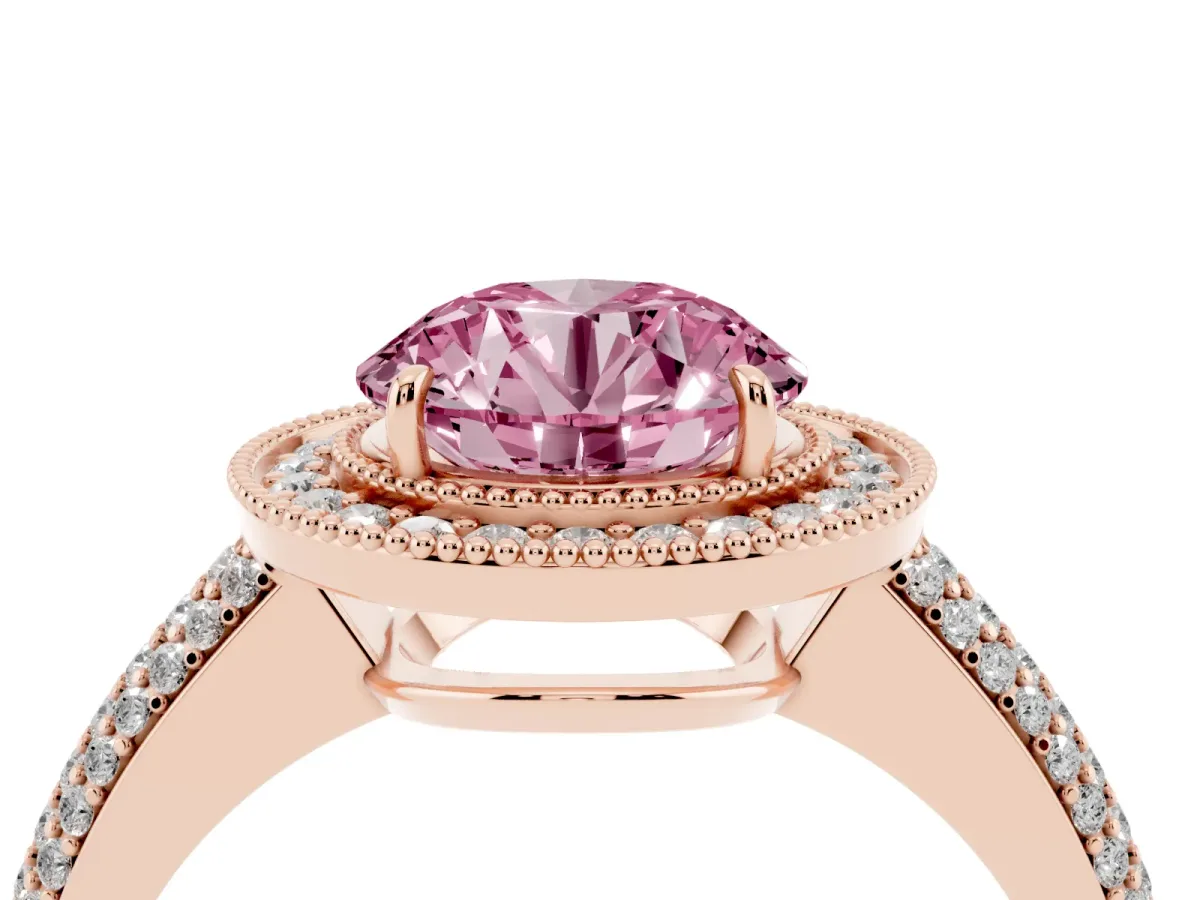 Fancy Pink Round Cut Cut Halo Diamond Pave Band with Four-Prong Setting Rose gold