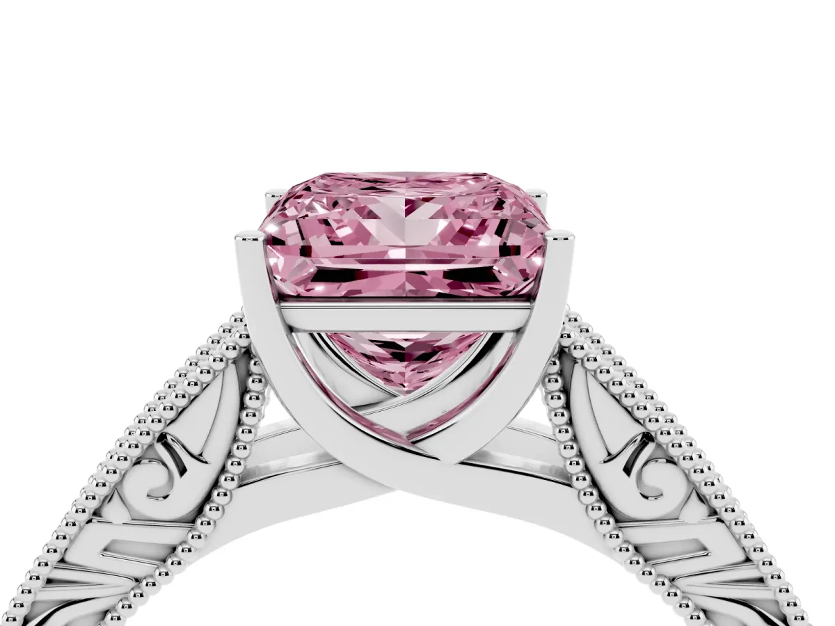 Fancy Pink Princess Cut Diamond Solitaire Ring with Engraved Band and Four-Prong Setting White gold