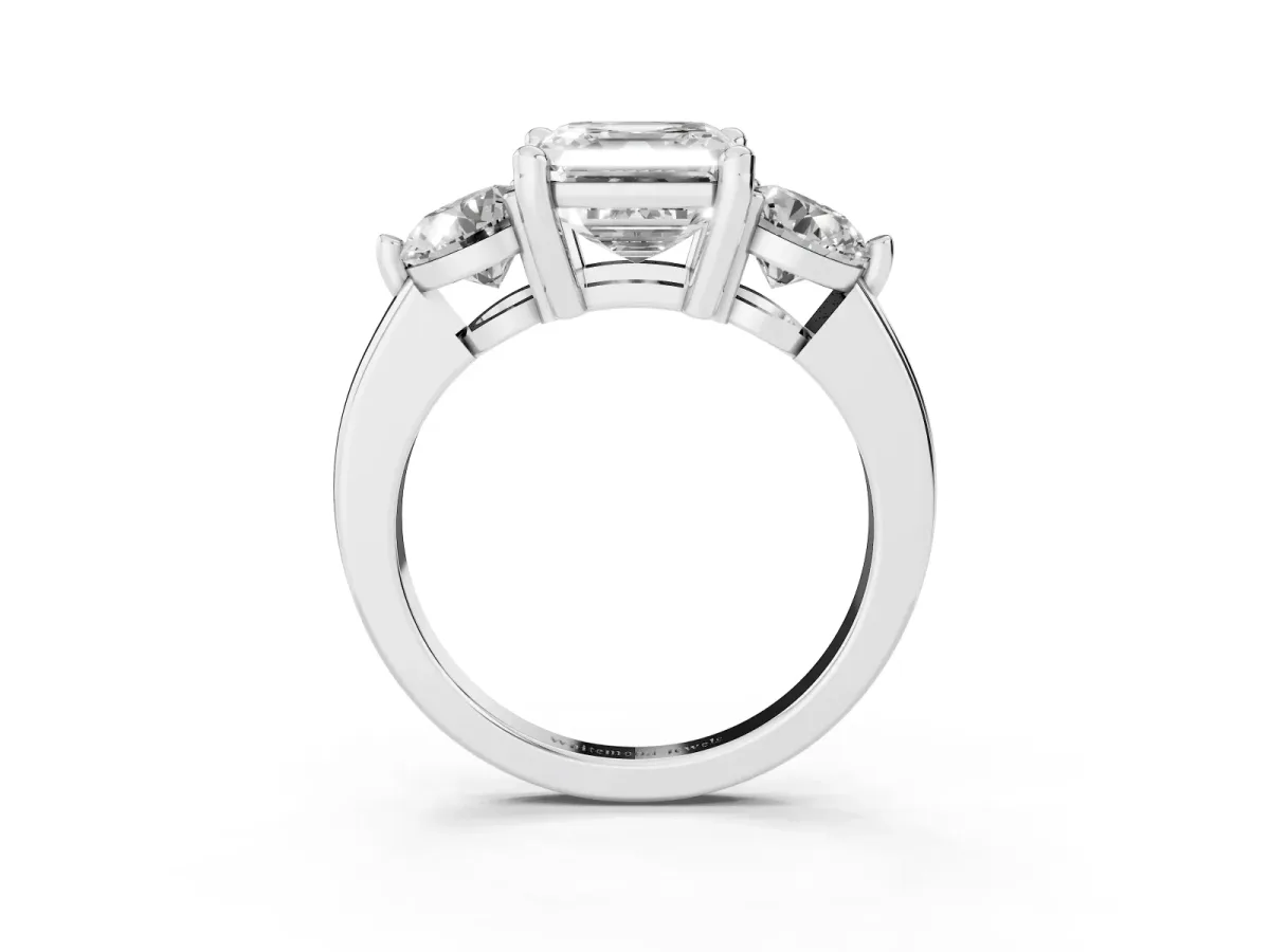 Three-Stone Asscher Cut Brilliant Cut Solitaire Ring with Prong Setting on a Classic Band White gold