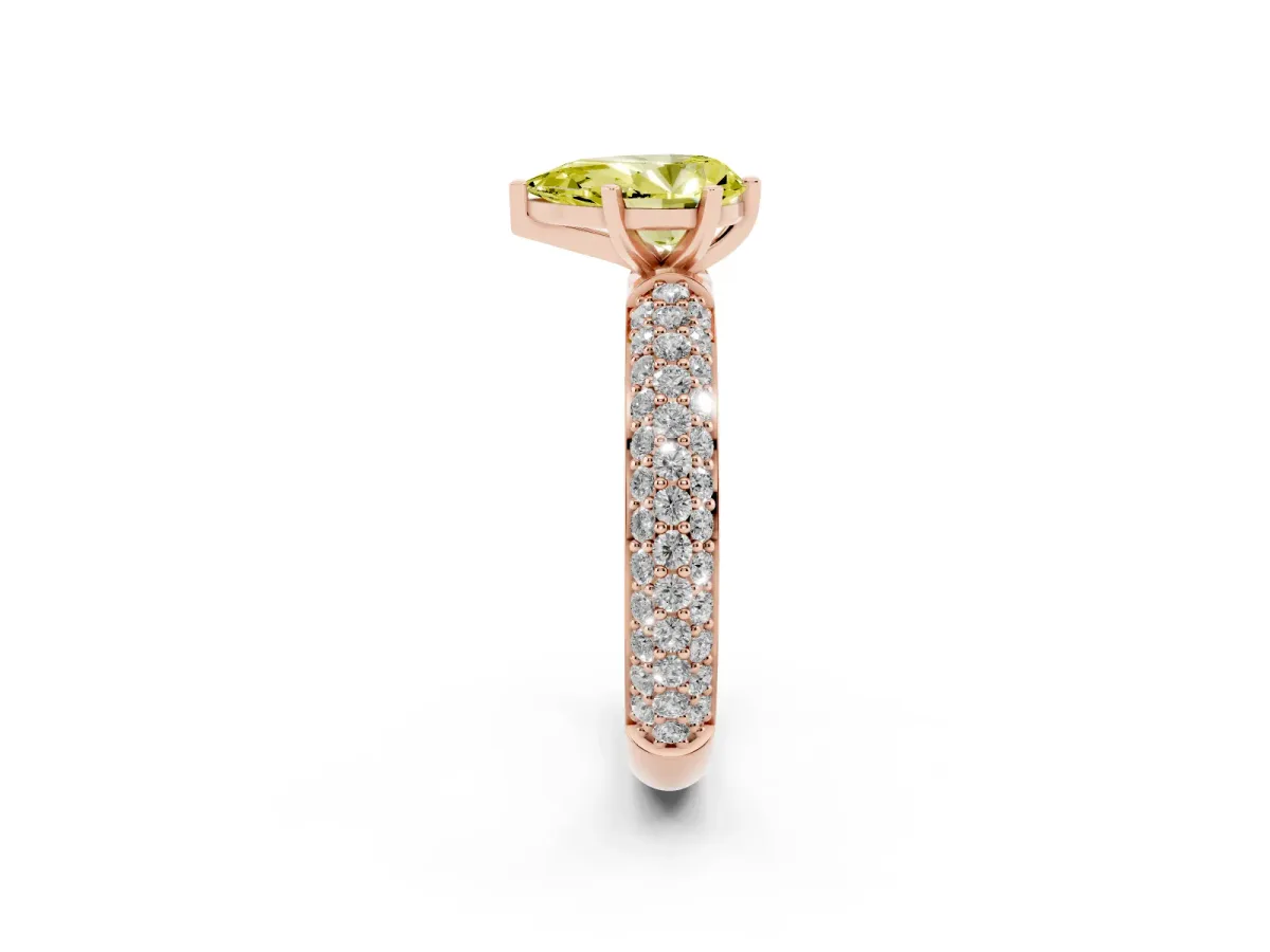 Fancy Yellow Pear Cut Diamond Solitaire Ring with Prong Setting and Pavé Band Rose gold
