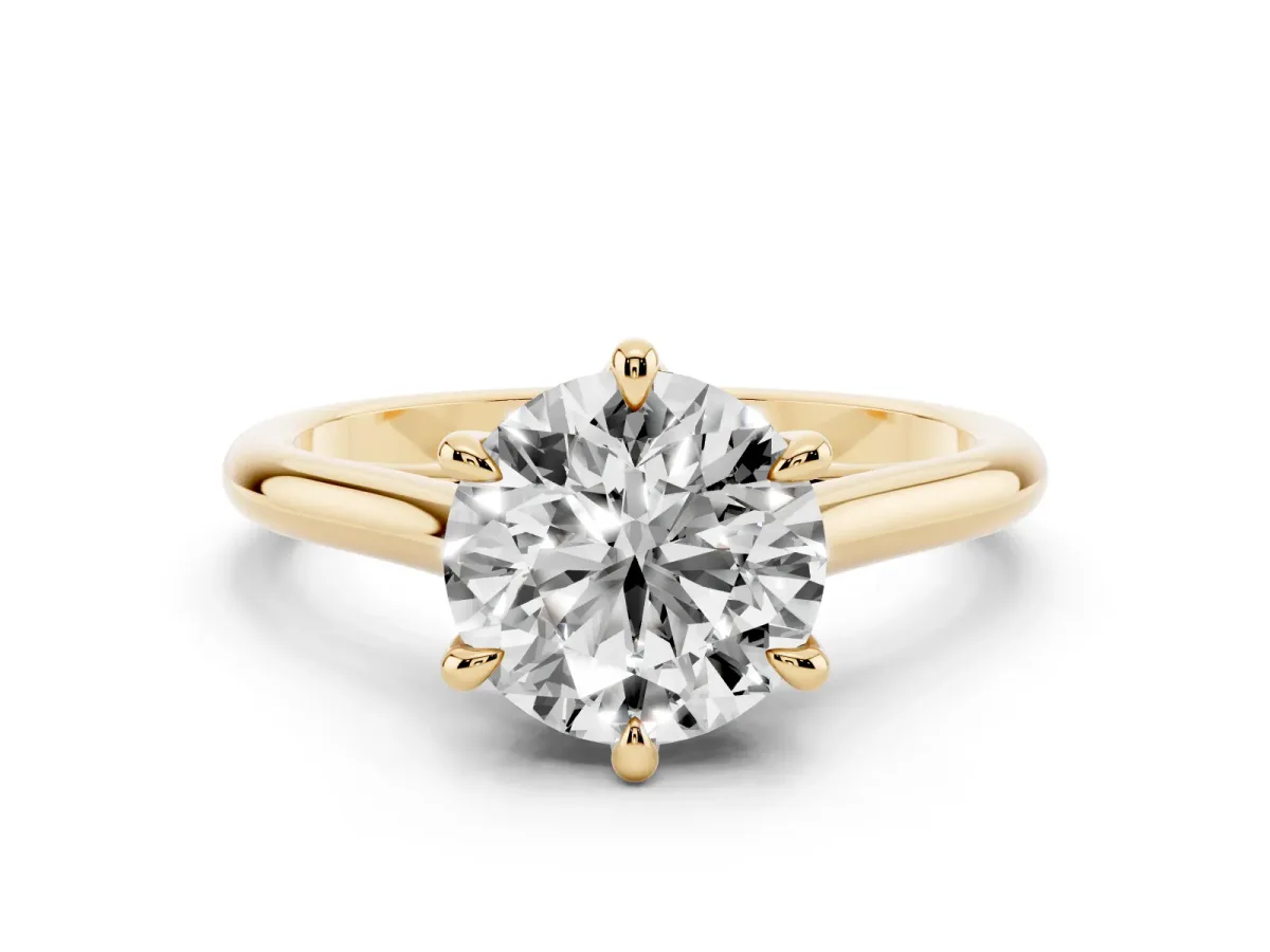 Round Cut Solitaire Engagement Ring with Six-Prong Setting and Classic Band Yellow gold