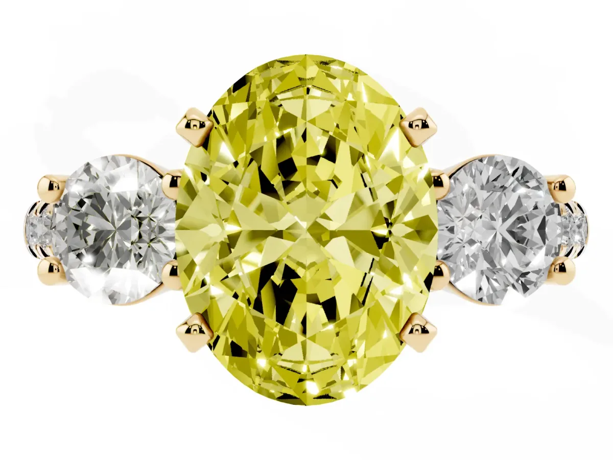 Fancy Yellow Three-Stone Oval Cut Diamond Pavé Band with Four-Prong Setting Yellow gold