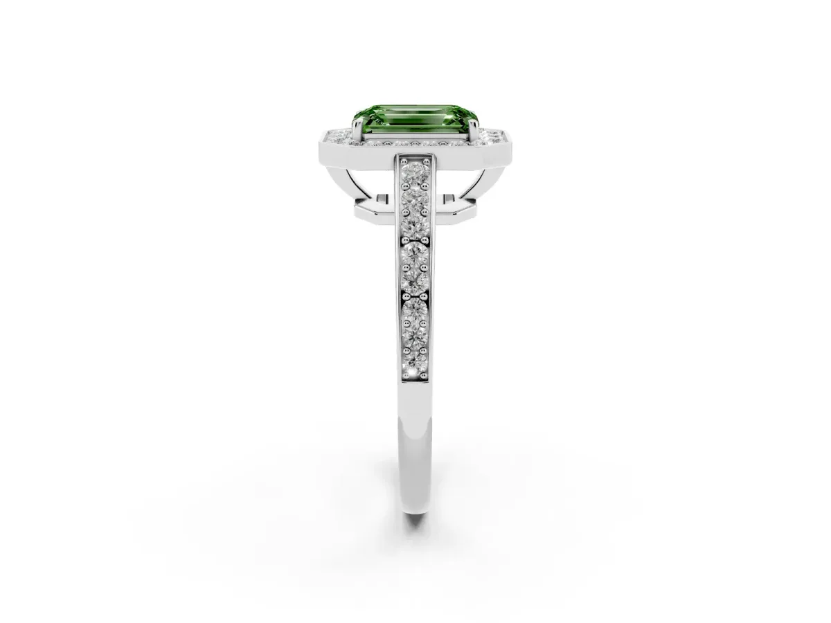 Fancy Green Emerald Cut Halo Pavé Diamond Engagement Ring with Bezel Setting Silver