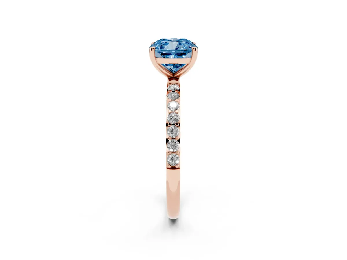 Fancy Blue Cushion Cut Diamond Solitaire Ring with Round Pavé Shoulders and Prong Setting Rose gold
