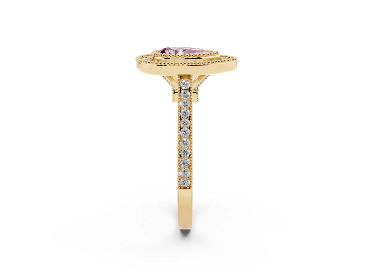 Fancy Pink Pear Cut Diamond Halo Ring with Milgrain Frame and Pavé Band Yellow gold