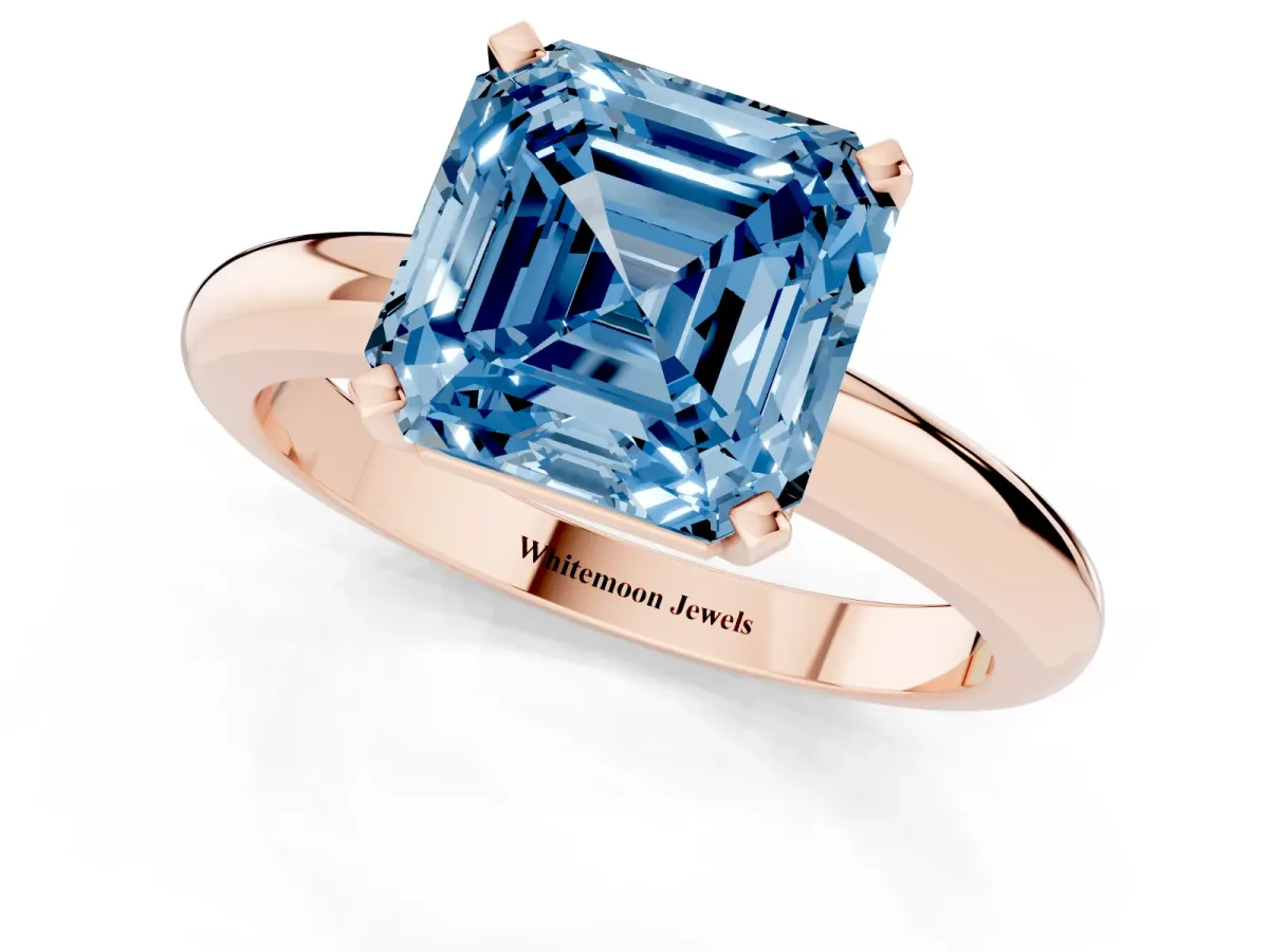 Fancy Blue Asscher Cut Diamond Solitaire Engagement Ring with Round Band and Four-Prong Setting Rose gold