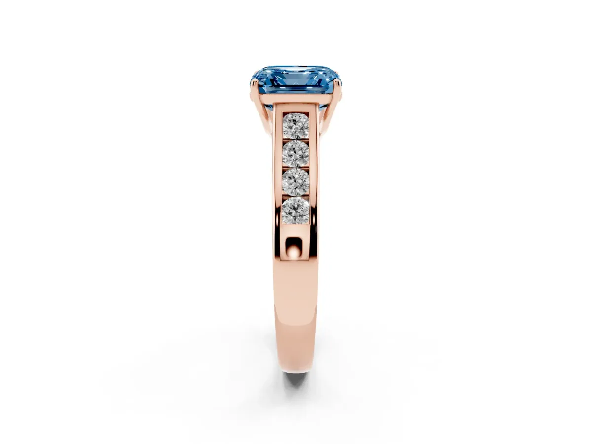 Fancy Blue Asscher Cut Solitaire Channel-Set Diamond Engagement Ring with Four-Prong Setting Rose gold