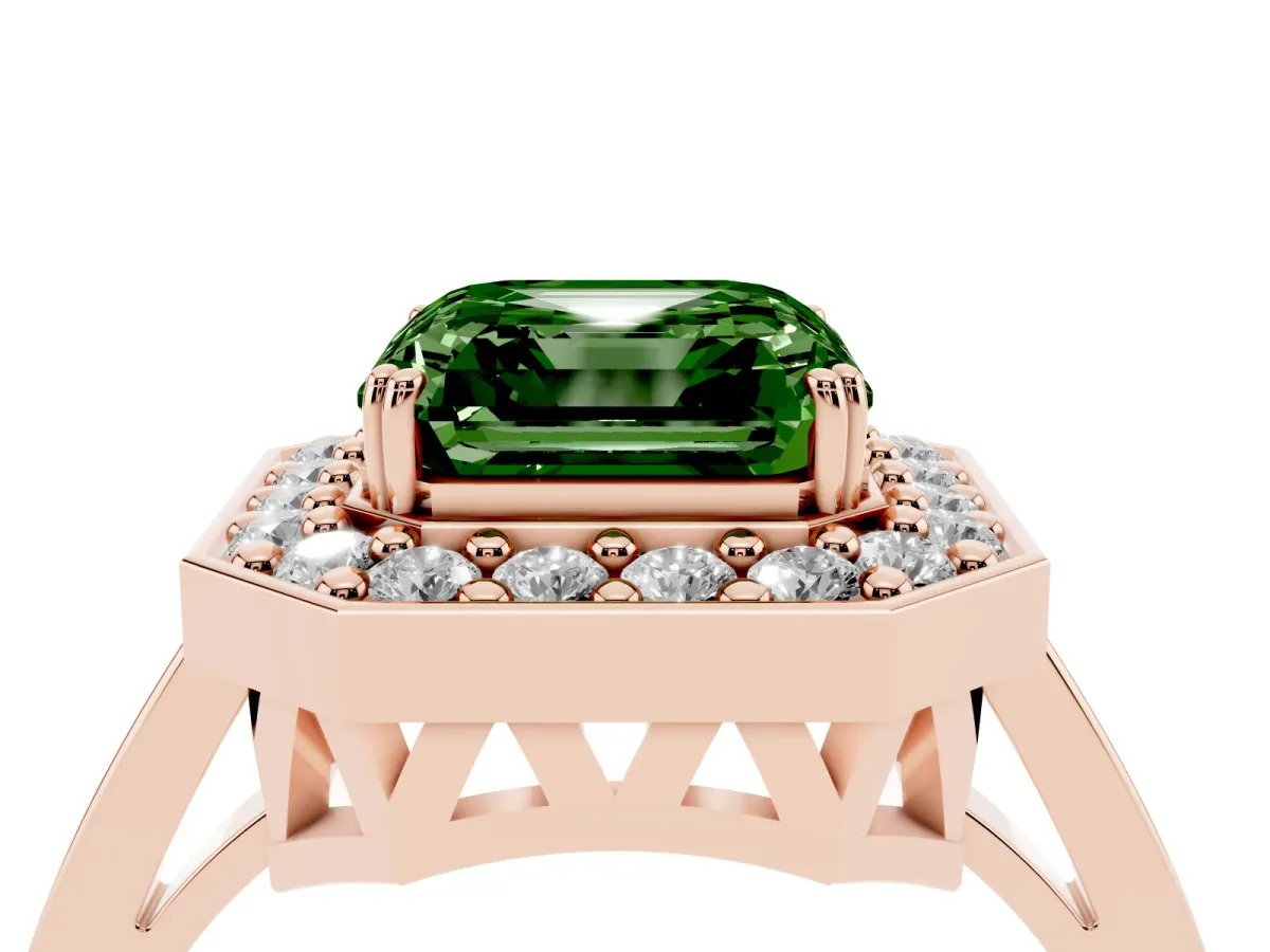 Fancy Green Asscher Cut Diamond Halo Ring with Split Shank and Four-Prong Setting Rose gold