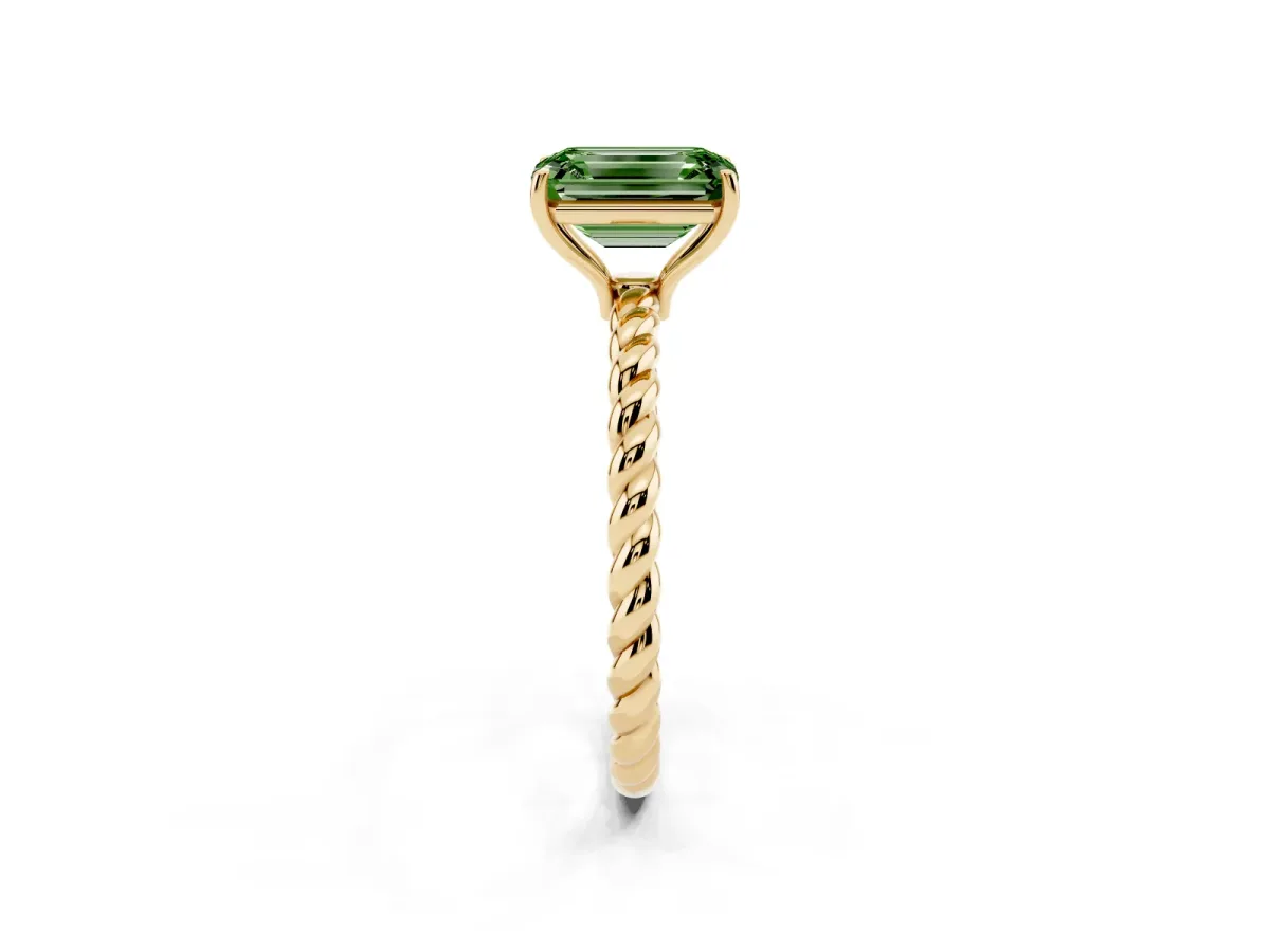 Fancy Green Emerald Cut Solitaire Twist Band Ring with Four-Prong Setting Yellow gold