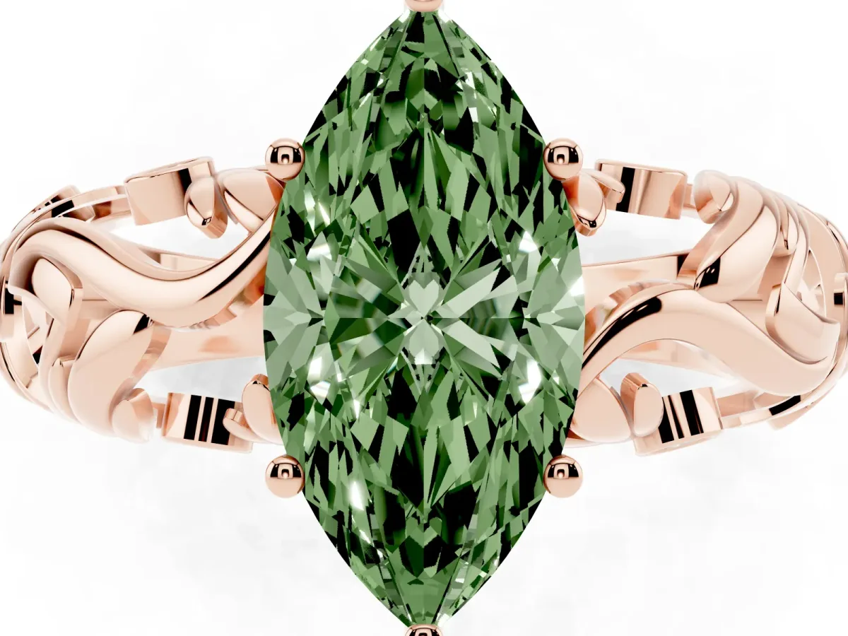 Fancy Green Marquise Cut Solitaire Diamond Leaf-Inspired Vine Band Ring with Prong Setting Rose gold