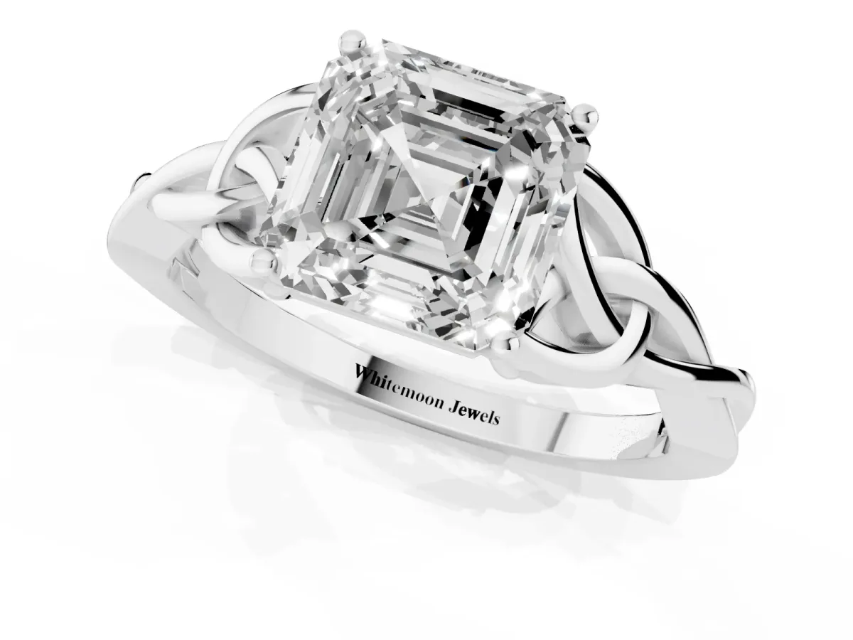 Asscher Cut Diamond Solitaire Engagement Ring with Celtic Knot Band and Four-Prong Setting Platinum