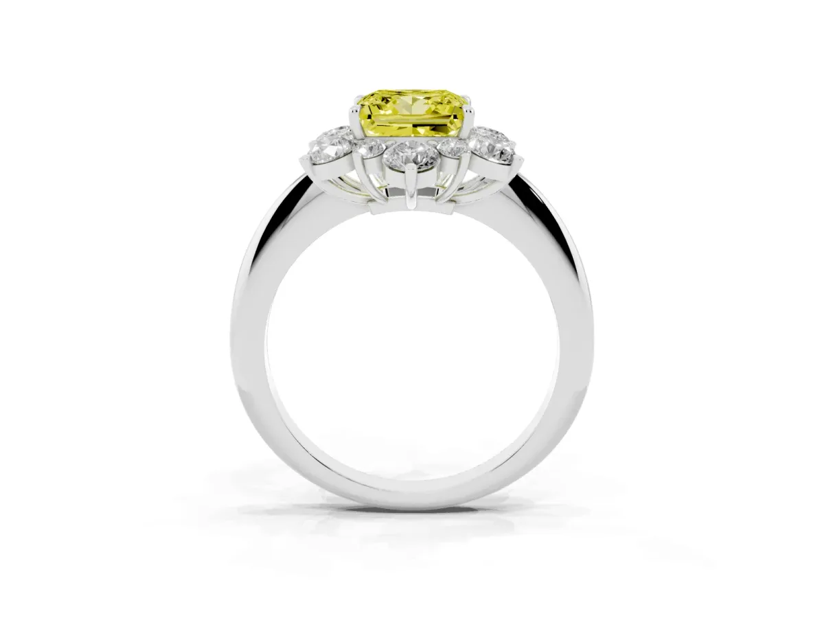 Fancy Yellow Princess Cut Diamond Cluster Halo Ring with Solitaire Band and Four-Prong Setting White gold