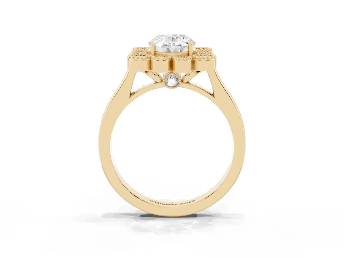 Oval Cut Halo Diamond Cluster Engagement Ring with Milgrain Bezel Setting and Solitaire Band Yellow gold