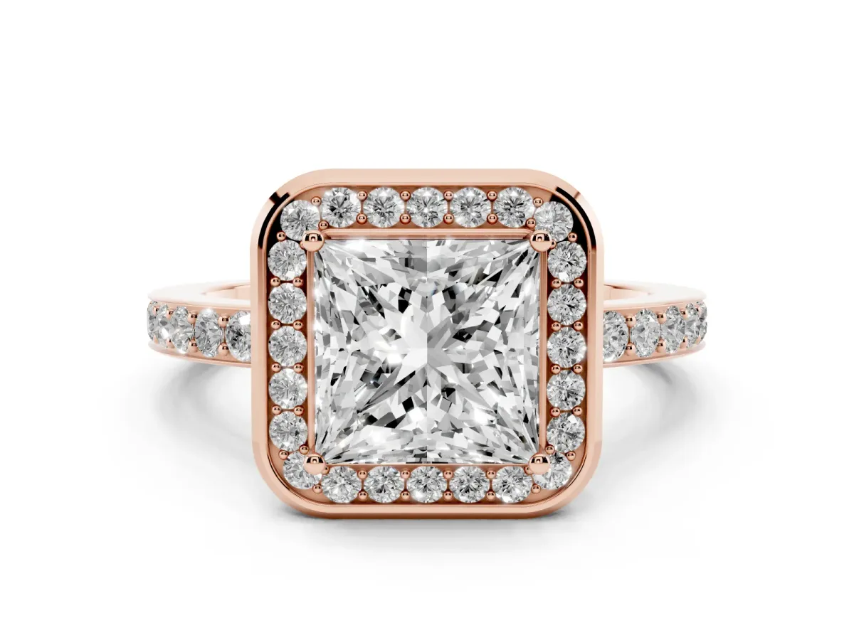 Princess Cut Diamond Halo Ring with Bezel Frame and Pavé Band Rose gold