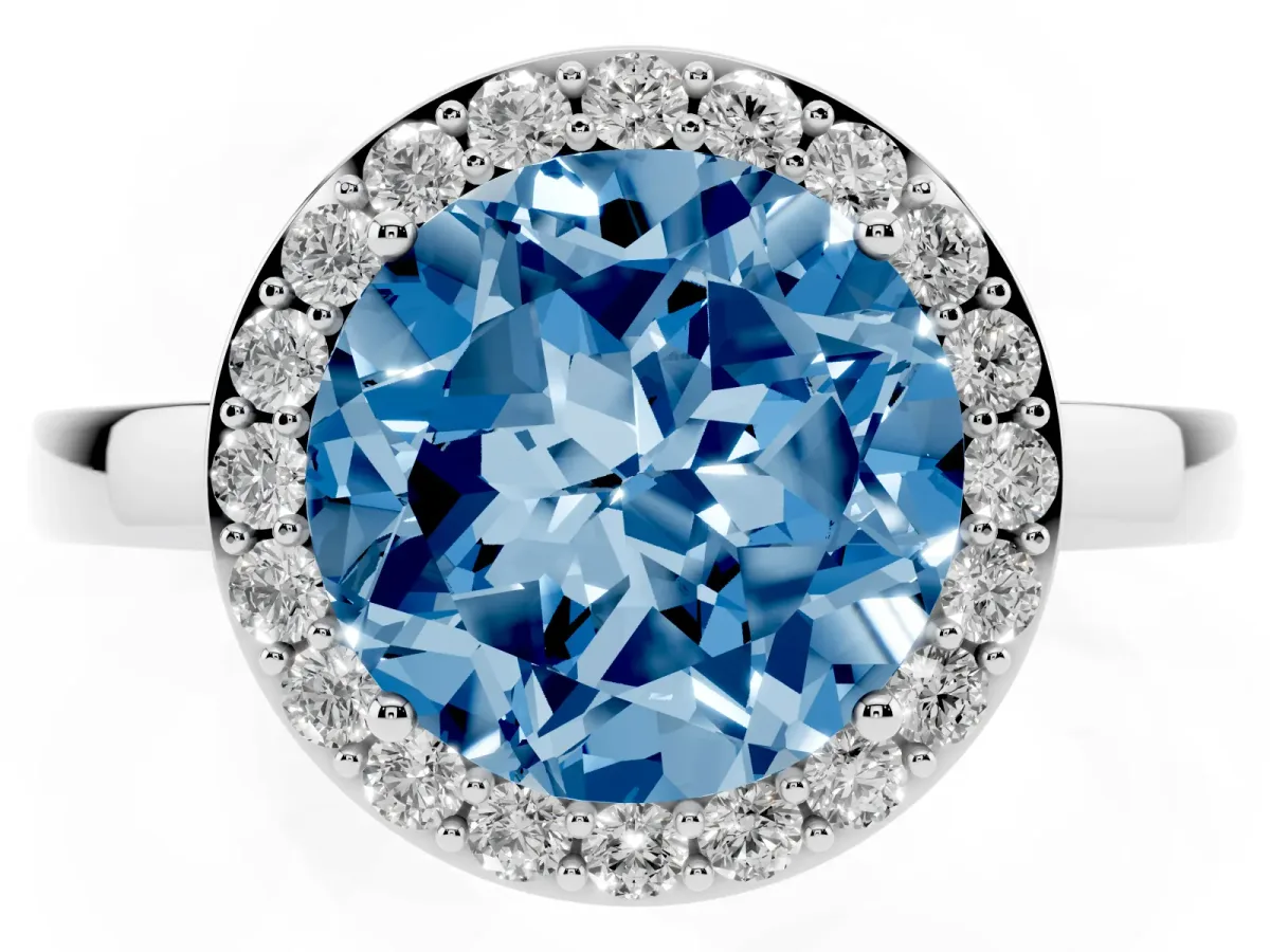 Fancy Blue Round Cut Halo Diamond Ring with Solitaire Band and Prong Setting Silver