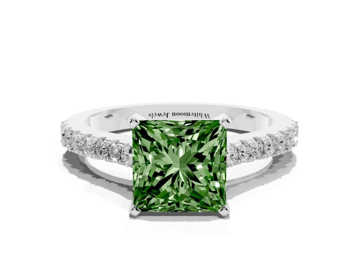 Fancy Green Princess Cut Cut Solitaire Diamond Engagement Ring with Pave Band and Four-Prong Setting Platinum