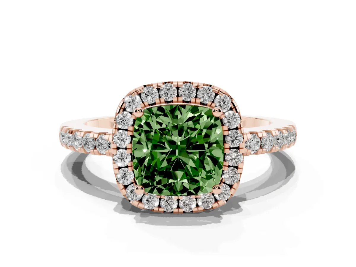 Fancy Green Cushion Cut Halo Diamond Engagement Ring with Pavé Band and Four-Prong Setting Rose gold