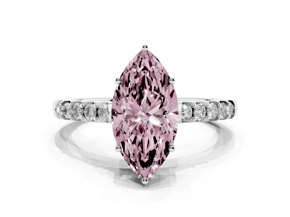Fancy Pink Marquise Cut Solitaire Diamond Engagement Ring with Pavé Band and Six-Prong Setting White gold