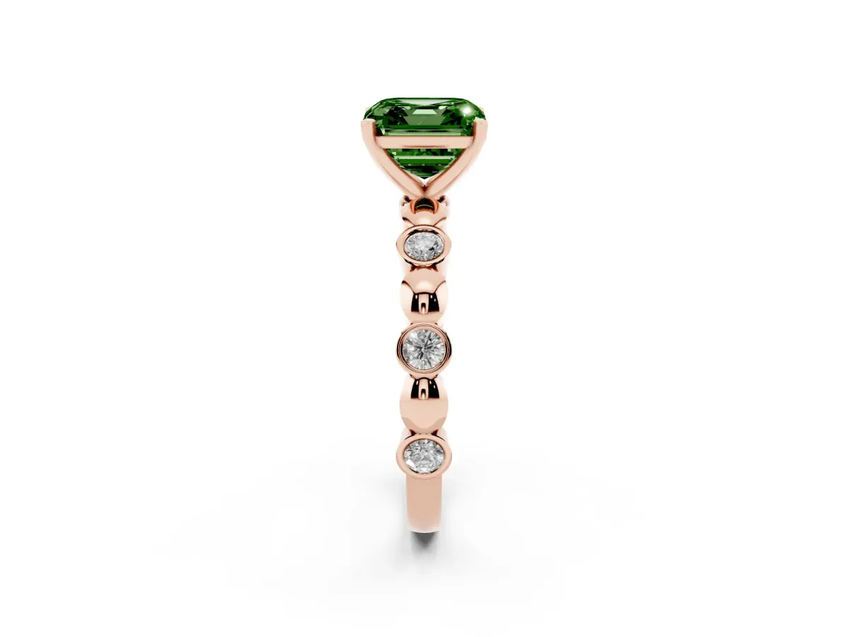 Fancy Green Asscher Cut Solitaire Bezel-Set Diamond Ring with Beaded Band and Four-Prong Setting Rose gold