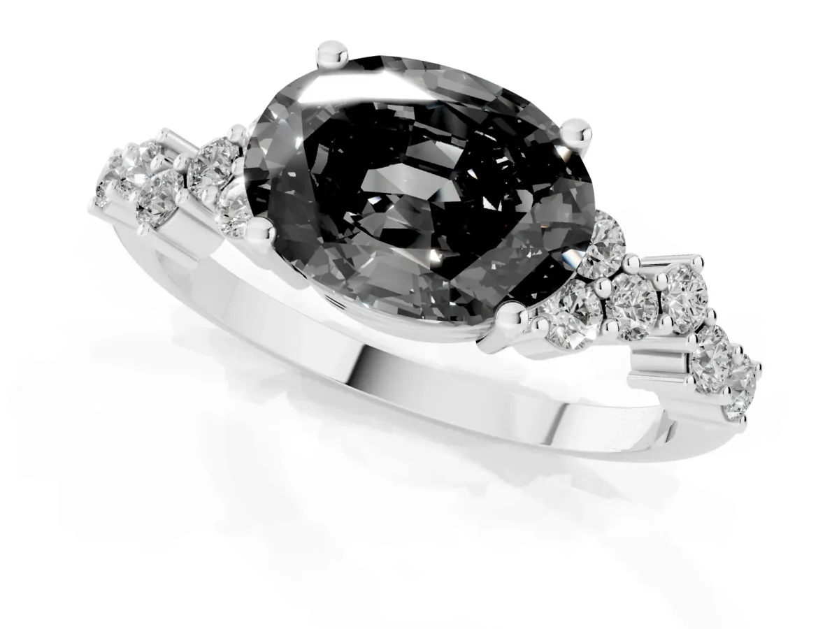 Fancy Black Oval Cut Diamond Scattered Round Accent Ring with Prong Setting Silver