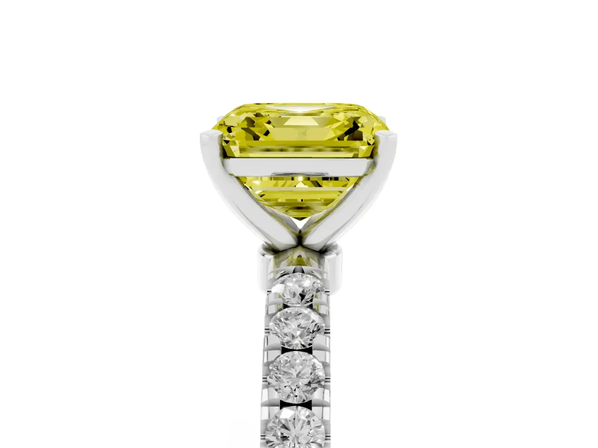 Fancy Yellow Asscher Cut Diamond Solitaire Ring with Pavé Accents and Four-Prong Setting Silver