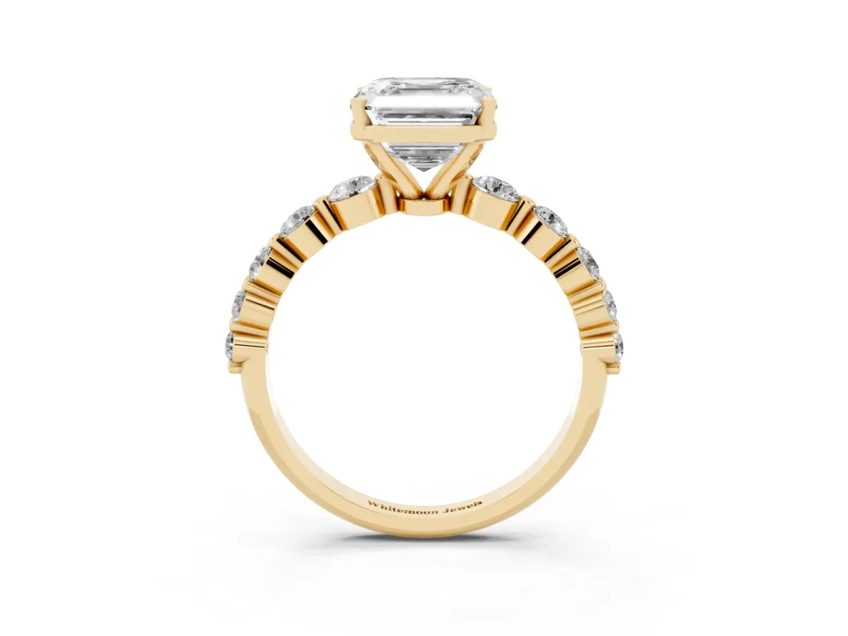 Asscher Cut Solitaire Diamond Ring with Pave Band and Four-Prong Setting Yellow gold