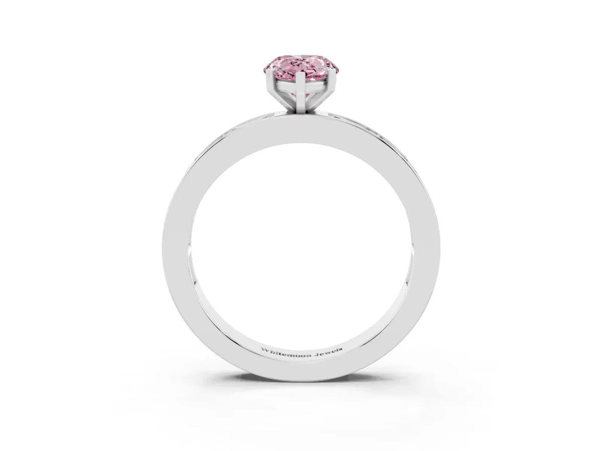 Fancy Pink Pear Cut Solitaire Diamond Ring with Channel-Set Baguette Band and Four-Prong Setting White gold