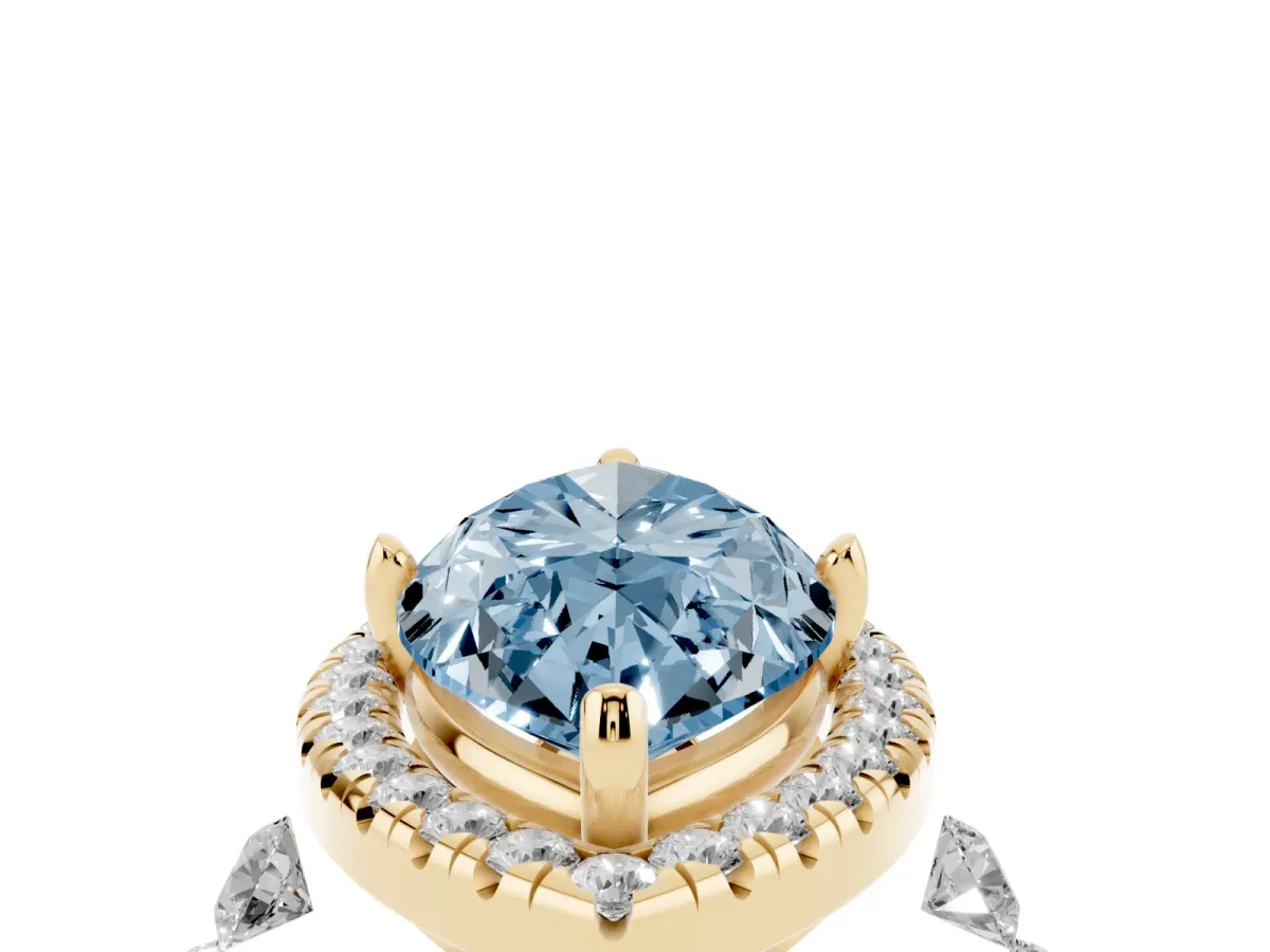 Fancy Blue Marquise Cut Halo Pavé Diamond Engagement Ring with Four-Prong Setting Yellow gold