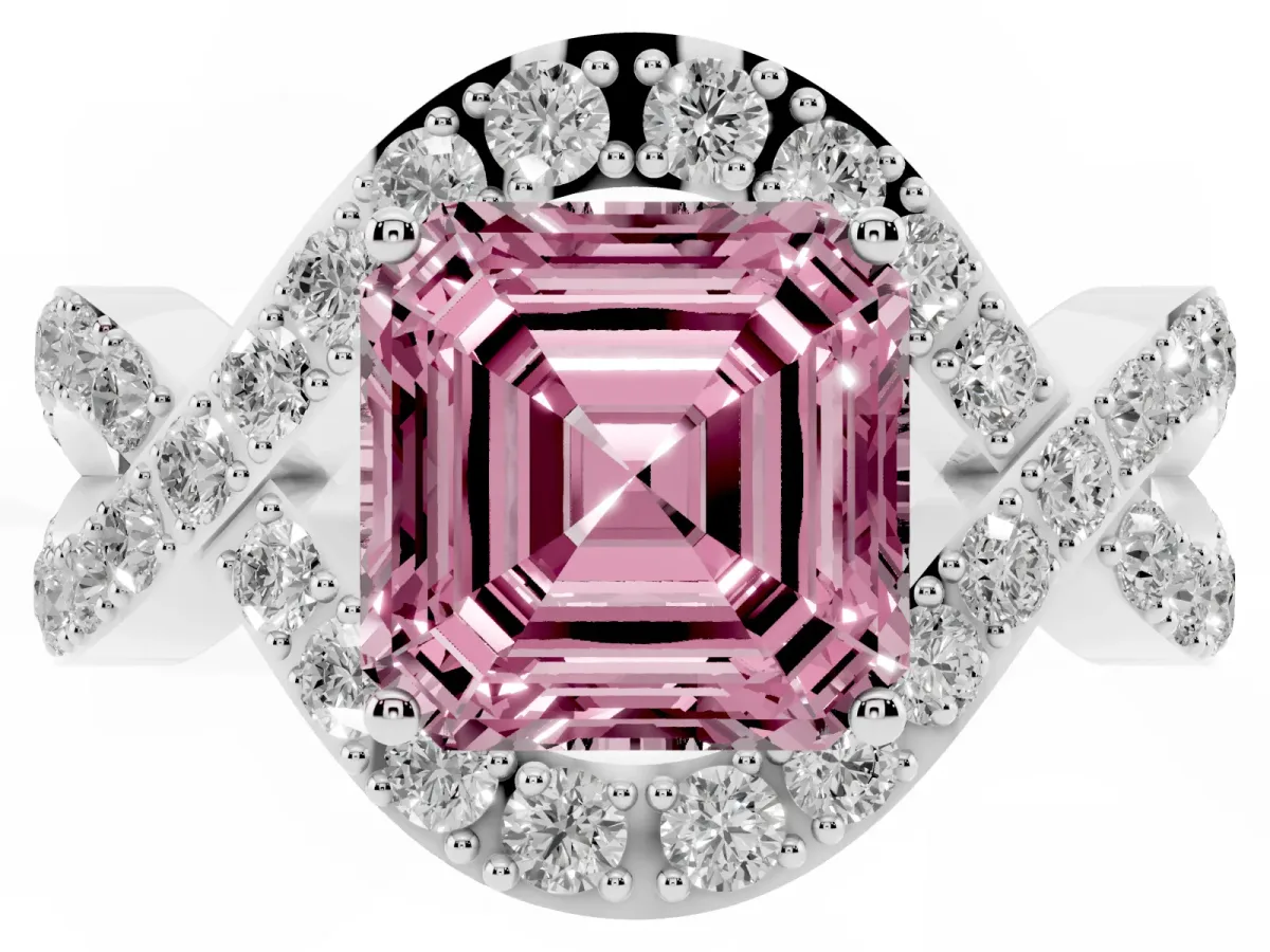 Fancy Pink Asscher Cut Solitaire Twist Band Pavé Diamond Engagement Ring Platinum