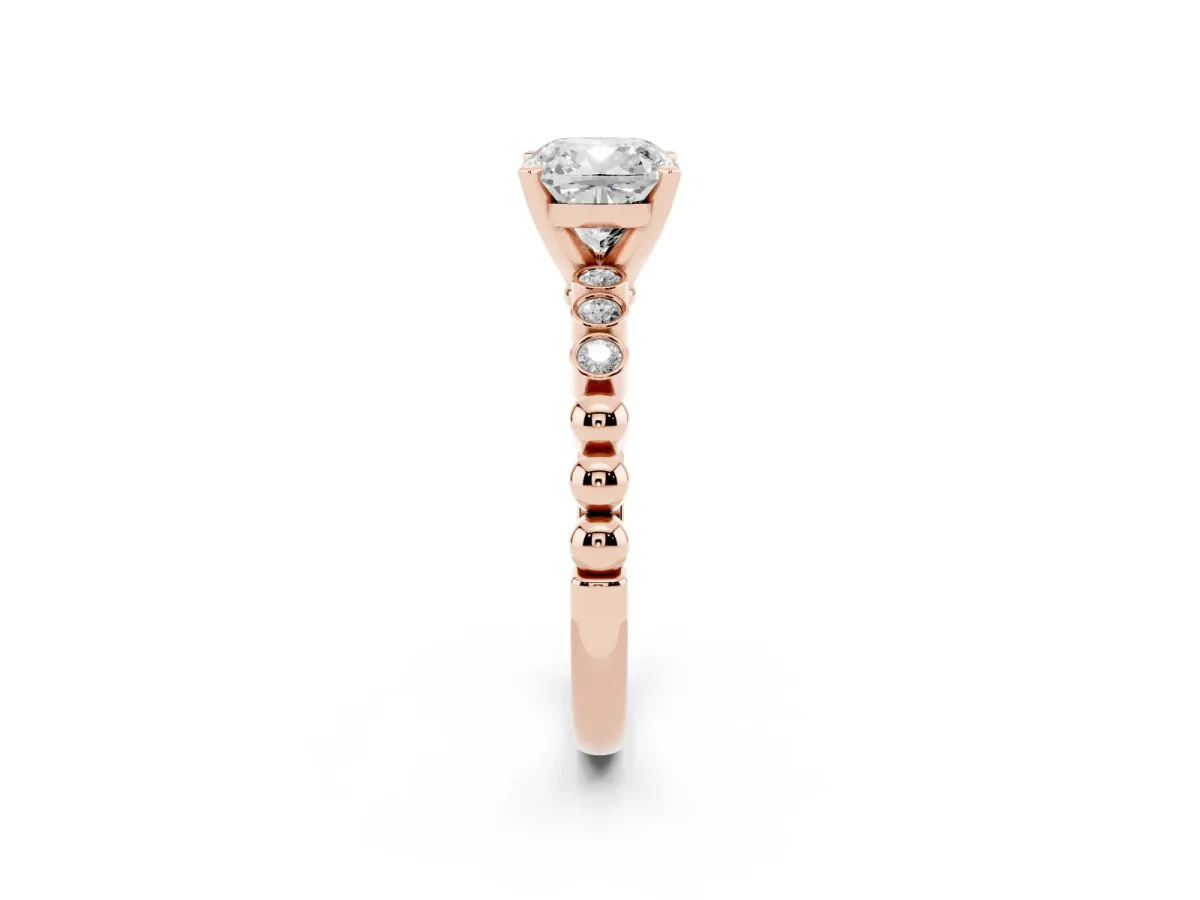 Cushion Cut Solitaire Bezel Accent Diamond Engagement Ring with Beaded Band and Four-Prong Setting Rose gold