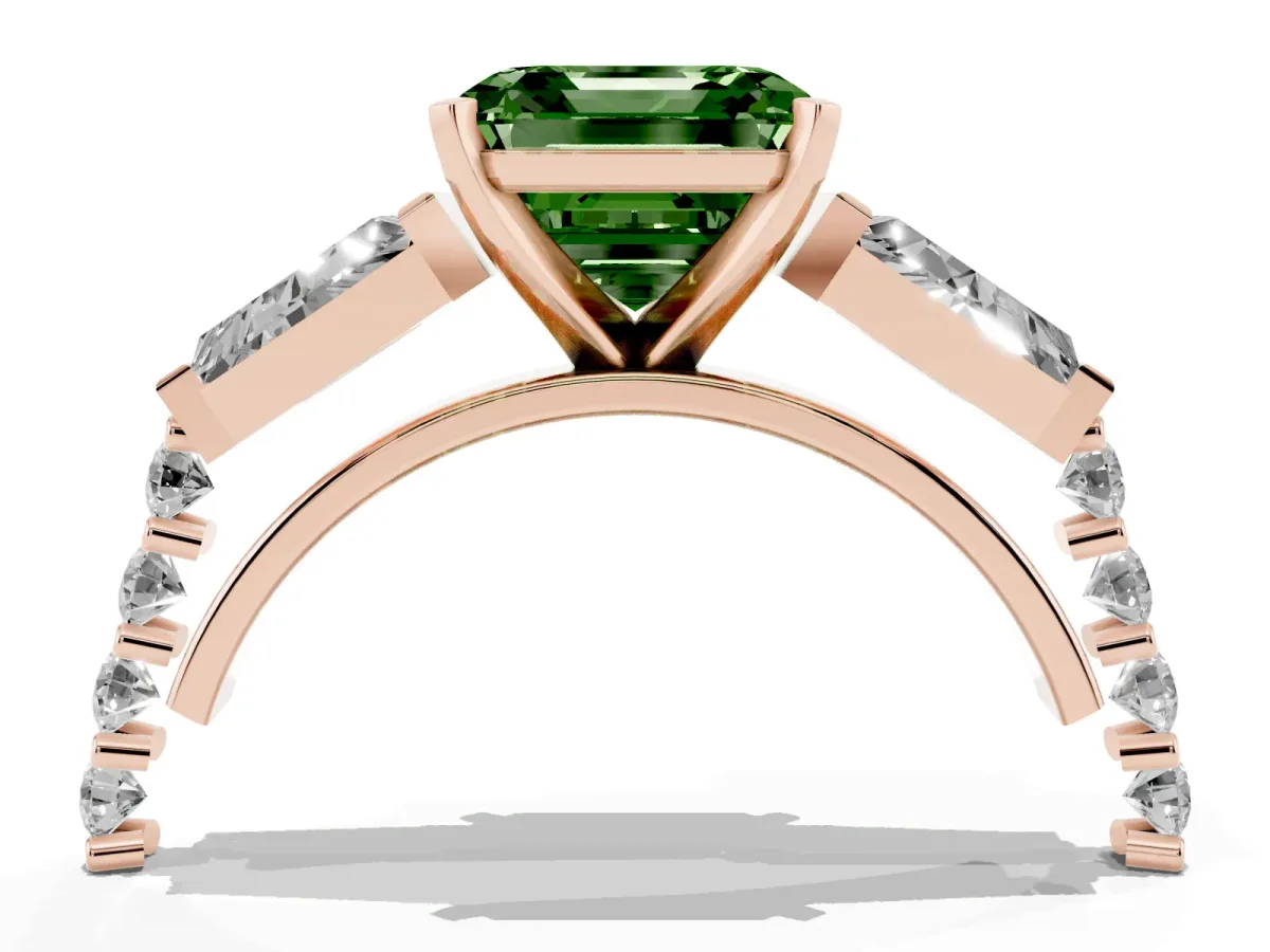 Fancy Green Asscher Cut Diamond Engagement Ring with Baguette Side Stones and Channel Set Band Rose gold