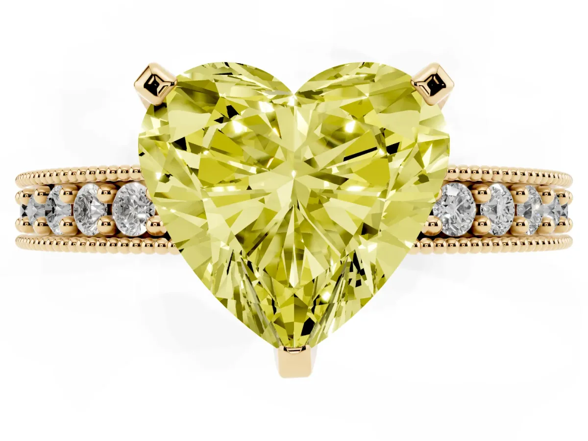 Fancy Yellow Heart Cut Diamond Milgrain Pavé Engagement Ring with Four-Prong Setting Yellow gold
