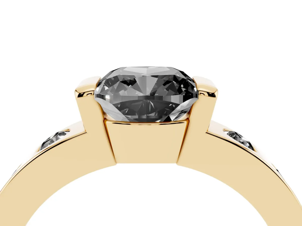 Fancy Black Cushion Cut Brilliant Channel-Set Diamond Ring with Bezel Prong Setting Yellow gold