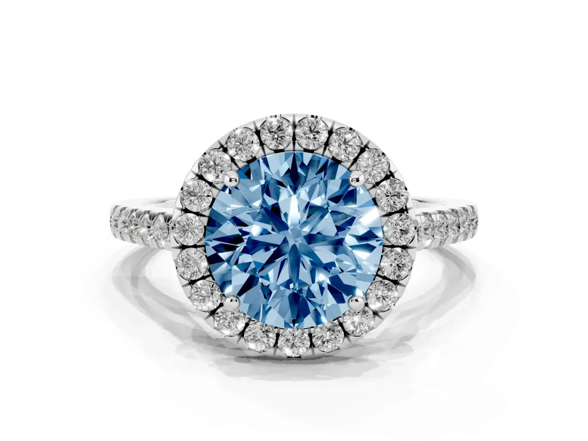 Fancy Blue Round Cut Halo Pave Diamond Engagement Ring with Four-Prong Setting Silver